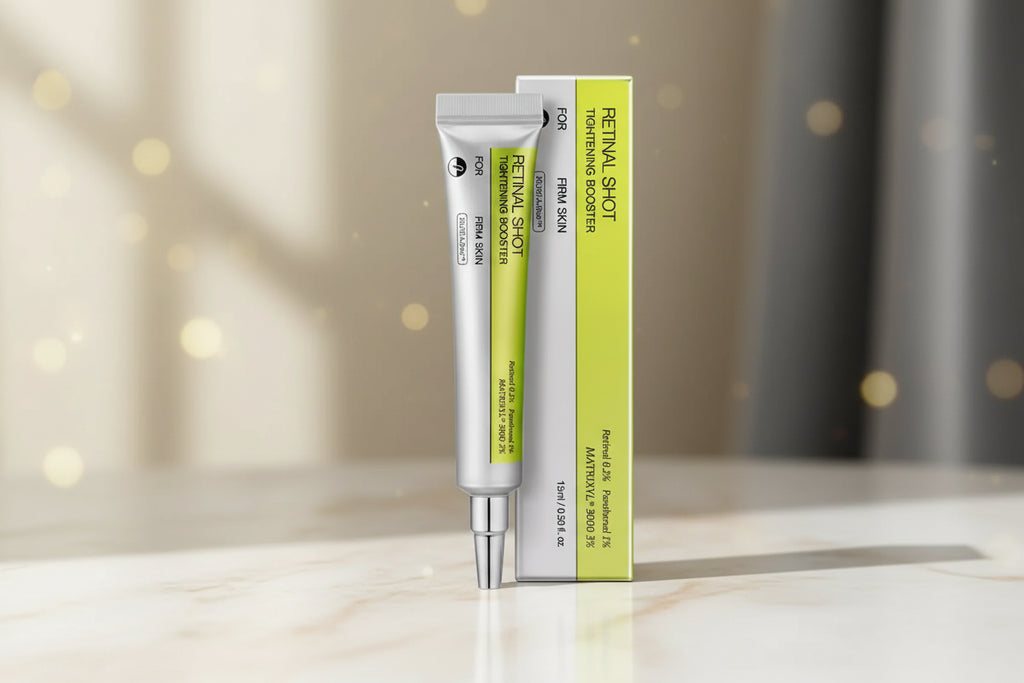 Retinol shot tightening booster with packaging on a white background